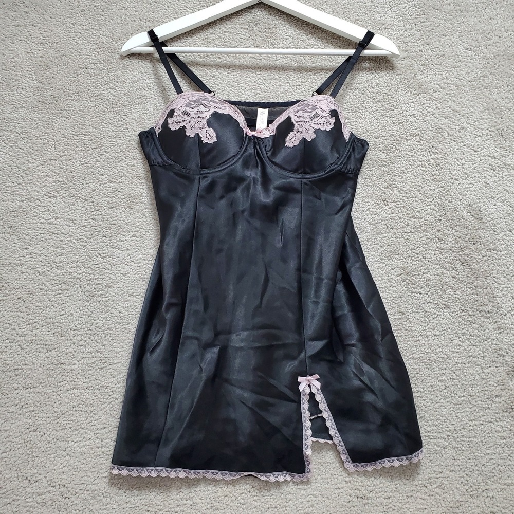 Gilligan & O'Malley Satin Chemise Womens Medium Black Pink‎ Lace Slip Whimsygoth